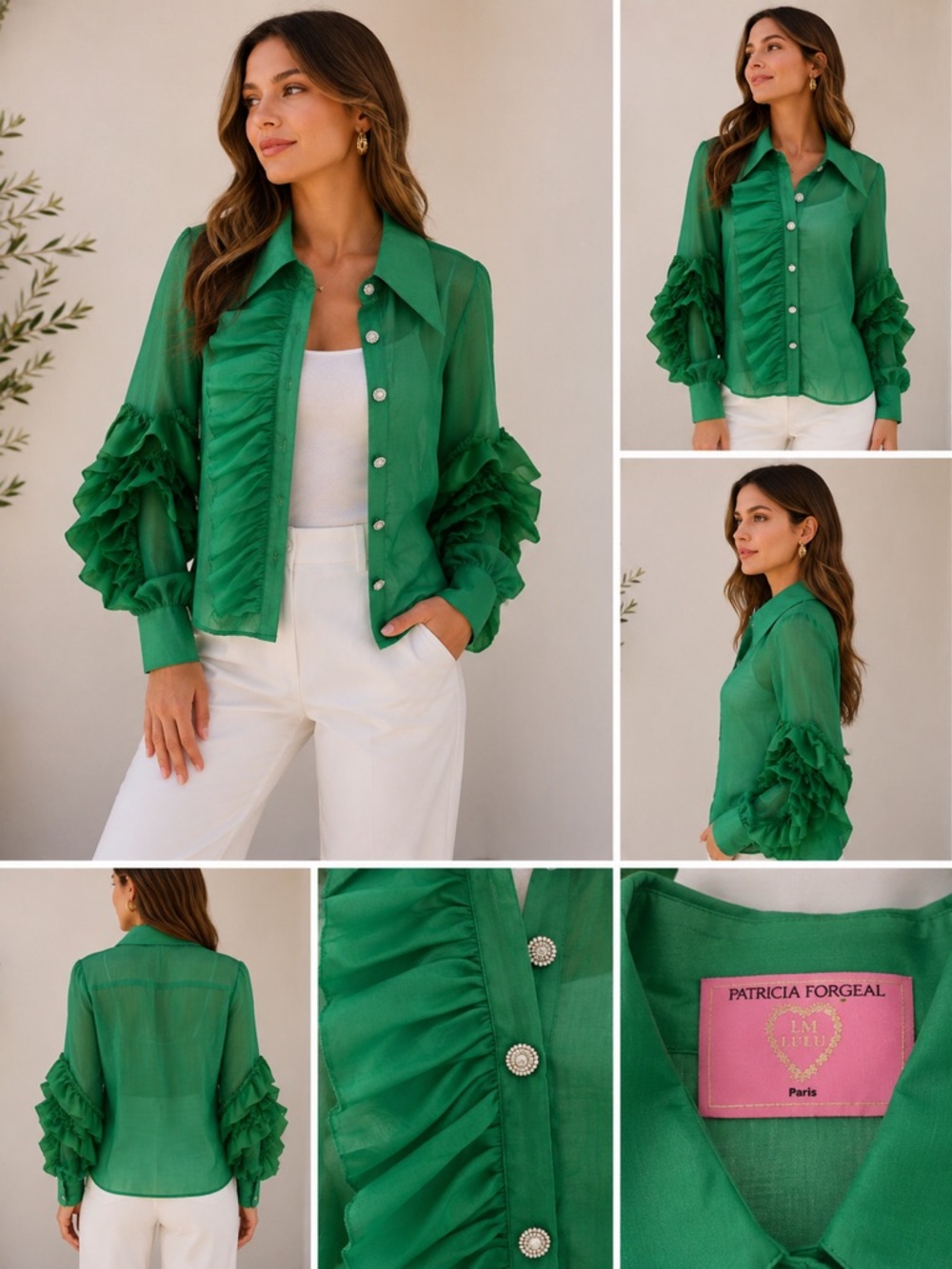 LM Lulu Paris Sheer Ruffle Blouse Statement Sleeve Top